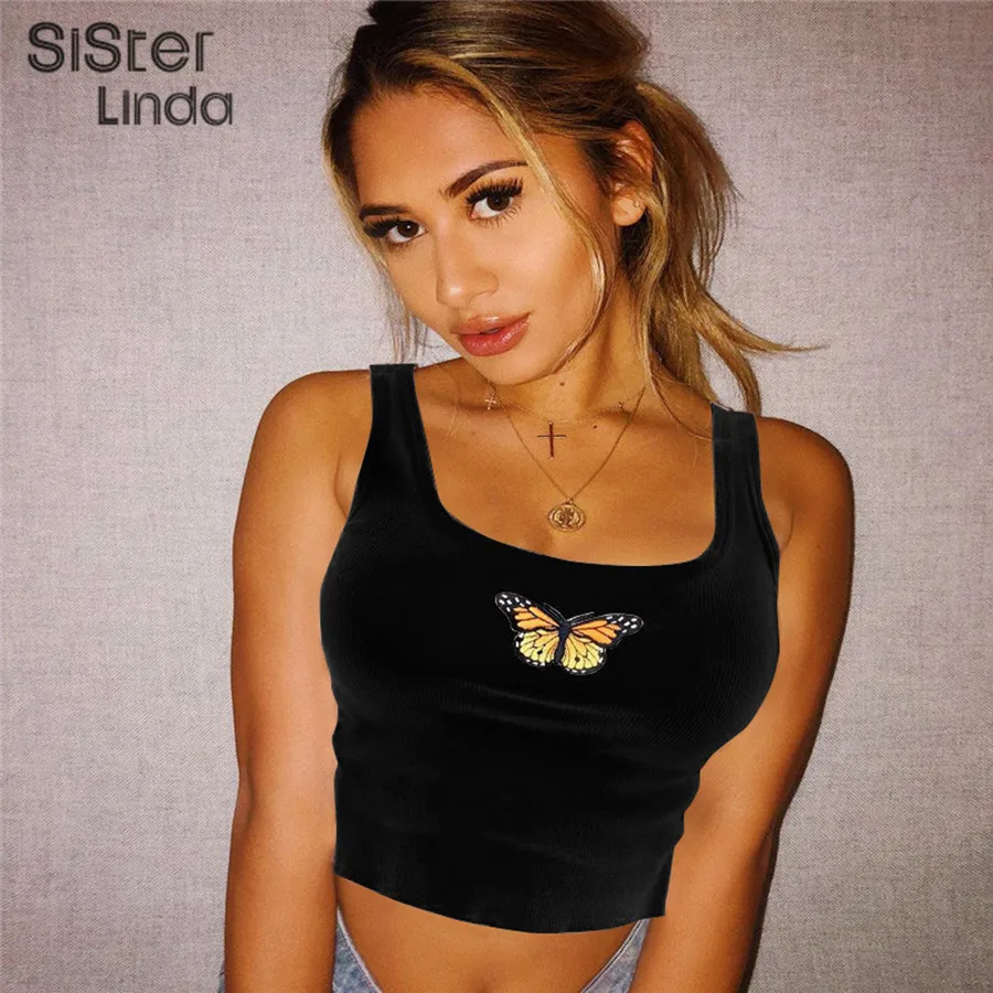 Sisterlinda белый короткий топ без рукавов для женщин бабочка вышивка с открытыми