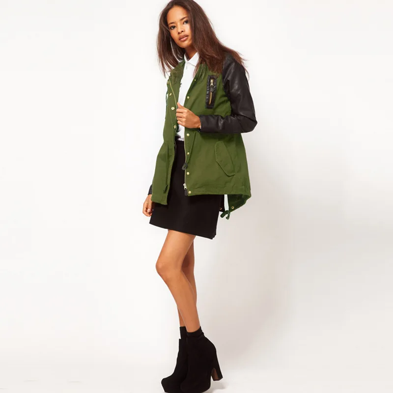 

2019 Spring New Style Europe And America-Style Army Green Hooded Overcoat Black And White with Pattern PU Leather Sleeve Backswi