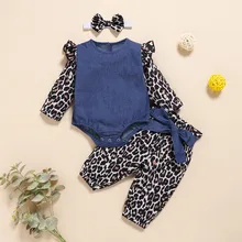 Одежда для малышей модный джинсовый Детский комбинезон с принтом леопарда для девочек, боди+ брюки с бантиком Roupa Infantil Menina