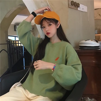 

Green Knit Sweater Female Autumn and Winter Loose Outer Wear 2019 New Fashion Pullover Ins Knitted Sweater Solid Regular 50my