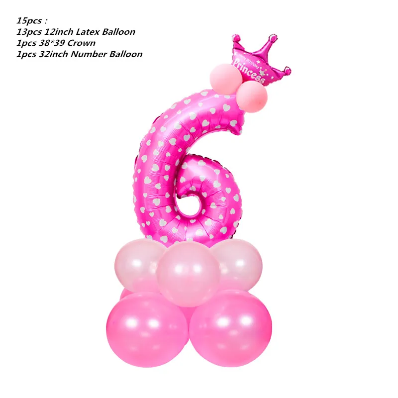 15 шт. фольга номер латексные шары воздушный шар с короной юбилей Беби Шауэр Детский День Рождения Вечеринка мой маленький пони вечерние поставки - Цвет: Pink 6