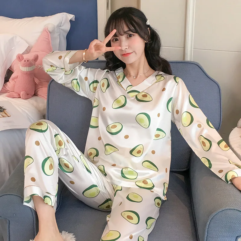 

Liang xing-Autumn & Winter V-neck Viscose Double Short Avocado Printed Pajamas Suit M -Xxl