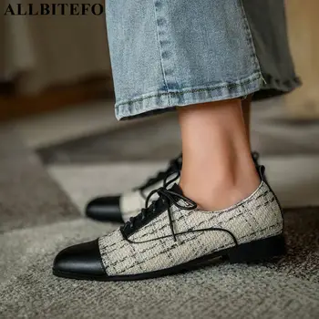 

ALLBITEFO lace-up cloth + genuine leather women low heel shoes fashion women heels shoes office work shoes Talons hauts femme