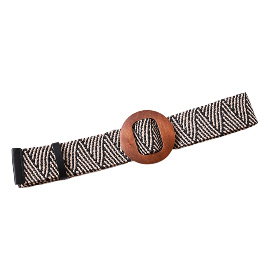 Women Braided Straw Waistband Cinch Belt with Round Wooden Buckle