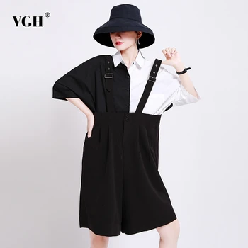 

VGH Casual Loose Playsuits For Female Square Collar Sleeveless Spaghetti Strap High Waist Ruched Short Jumpsuits Women Fashion