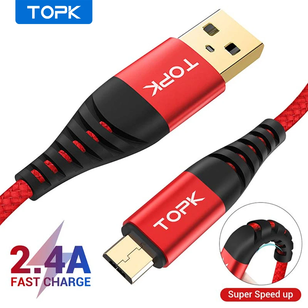TOPK высокопрочный кабель Micro USB нейлоновый для передачи данных мобильный телефон