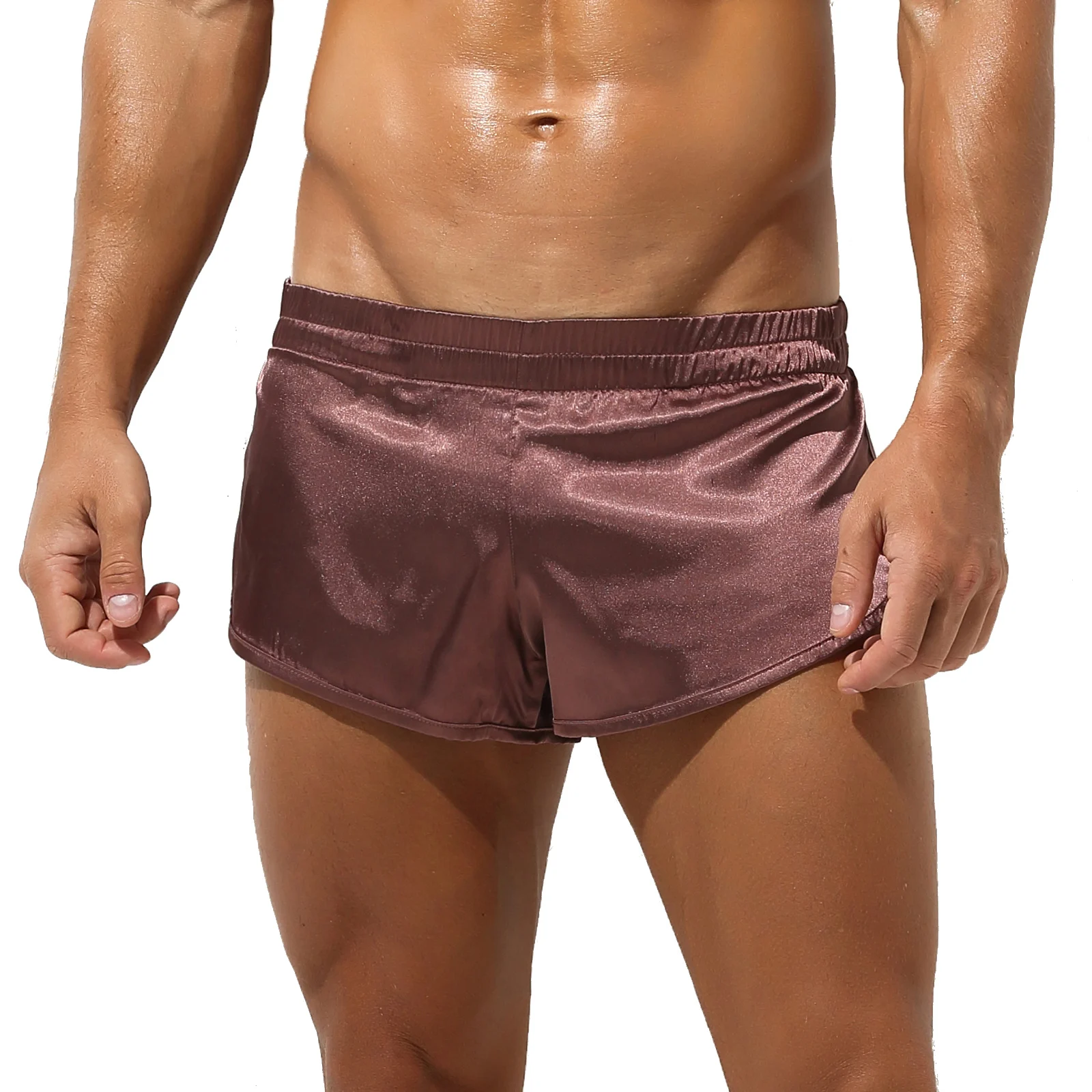 thumbnail image 1 of Calzoncillos de lencería de satén suave y brillante para hombre, ropa interior con abertura lateral de Color sólido, bóxer con cintura elástica de tiro bajo, pantalones cortos, ropa de descanso, 1 of 5