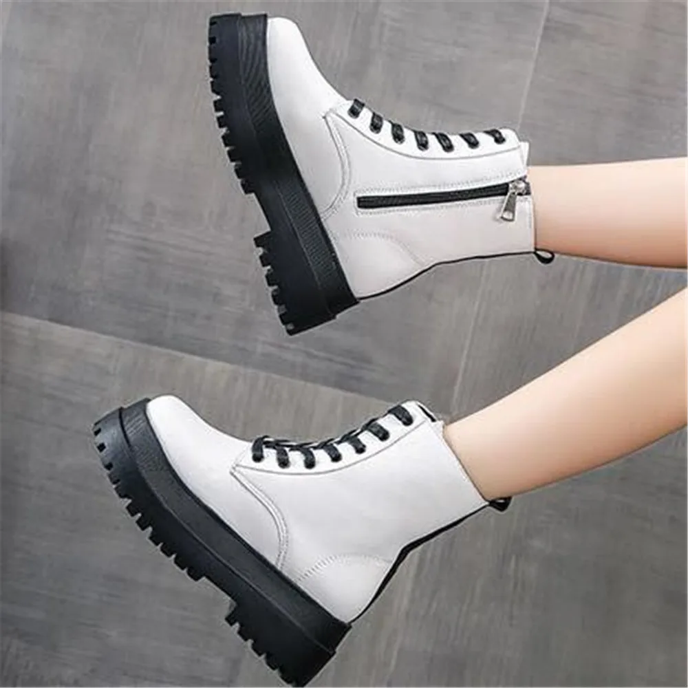 

Autumn Winter Warm Motorcycle Women's Boots Soft Leather Shoes Black Chunky Female Lace Up Platform Sneakers White Botas Mujer