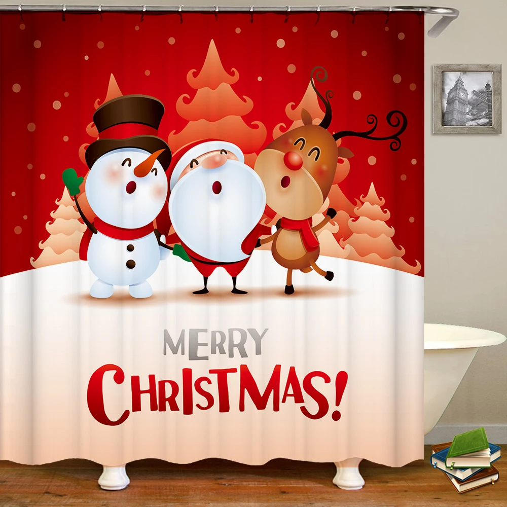 D Shower Curtain Merry Christmas набор для ванной, снеговик, Санта, лось, узор, водонепроницаемый, занавеска для душа, крышка для туалета, коврик, нескользящий, ковер, домашний декор - Цвет: D Shower Curtain