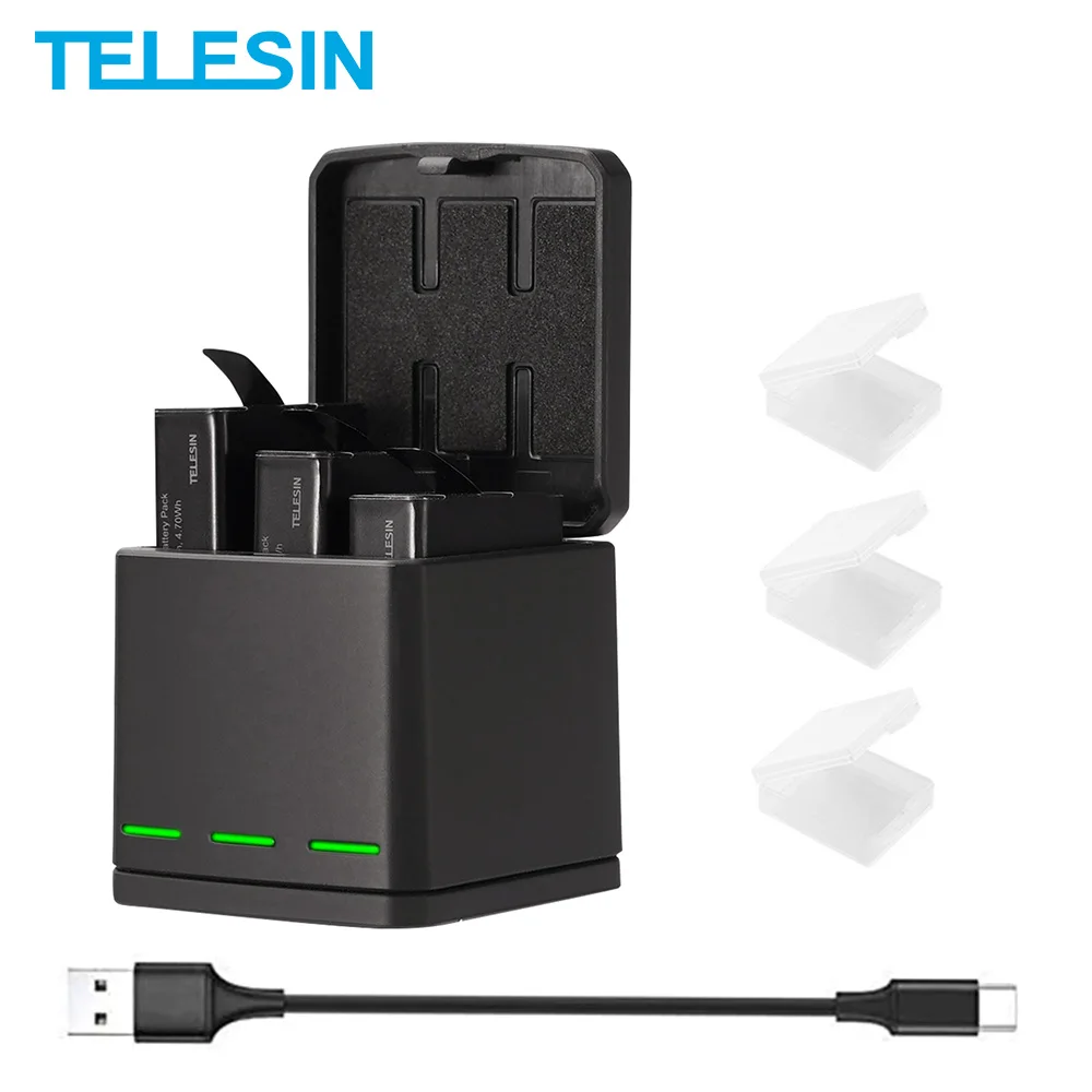 TELESIN 3 Way LED Charger + 3Pack Battery 1220mAh Charging Box Type-C Cable for GoPro Hero 8 7 6 Hero 5 Black Accessories