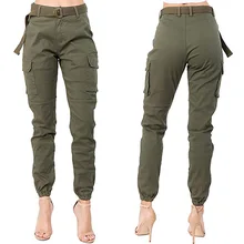 

2021 Green Zipper Casual Pants Women Solid Pockets Mid Waist Button Cargo Pant High Street Female Autumn Pencil Trousers Fashion