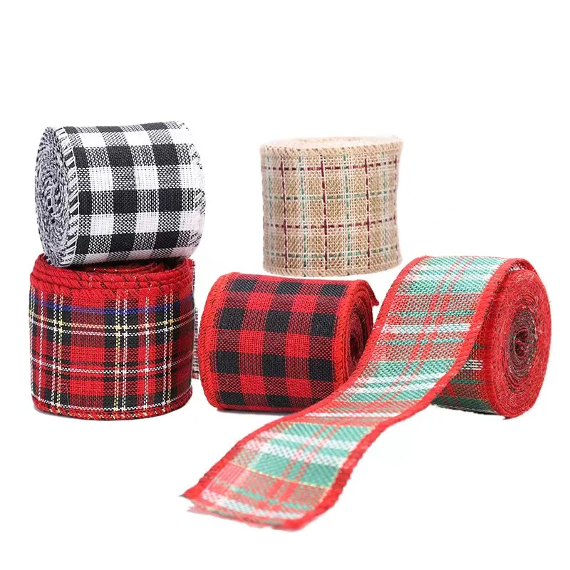 Imitation Burlap Ribbon 5.6m Christmas Ribbons DIY Bowknot For Christmas Tree Gift Decoration Wired Edge Linen Lattice