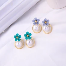 Милое Новое поступление корейские висячие серьги ручной работы зеленый/синий цветок серьги для женщин