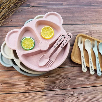 

Baby bowl+spoon+fork Feeding Food Tableware Kids Dishes Dinnerware Anti-hot Training Dinner Plate