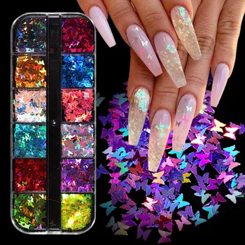 

12 grids/box Nail Art Decoration Natural Floral Sticker Mixed Dry Flower Fluorescence Butterfly Shell Jewelry Polish Manicure