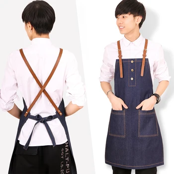 

Korean fashion kitchen denim apron restaurant coffee shop nail painting men and women overalls children custom logo