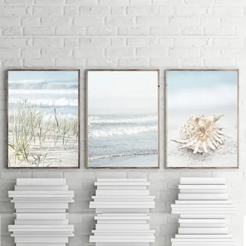 

Shell Seaweed Wall Art Ocean Wave Canvas Painting and Prints Nautical Landscape Poster Bathroom Pictures for Living Room Decor
