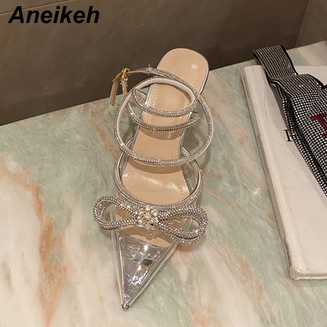 Aneikeh Spring/Autumn 2022 Women's Shoes Fashion Butterfly-Knot Narrow Band Bling Patchwork Cross-Tied Crystal Pointed Toe Pumps 5