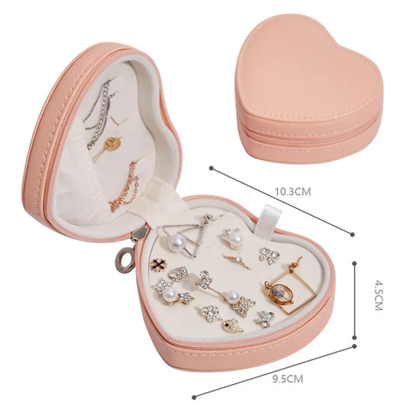 2021 Fashion Small PU Leather Portable Jewelry Box Heart Shape Lovely Jewelry Organizer for Earrings Rings Necklaces Bracelets