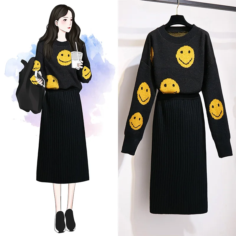 

Photo Shoot 2019 Autumn And Winter New Style Smiley Sweater Sweater + Knitted Dress Set Two-Piece Set
