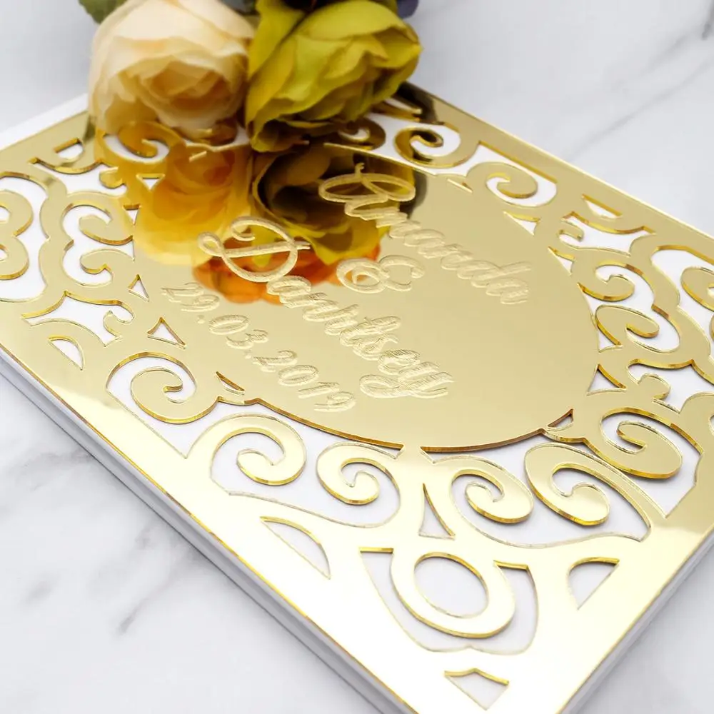 

Custom Wedding Guest Book with Mirror Front Cover Gold Wedding Signature Guestbook Engrave Names Date Album Bridal Favor Gift