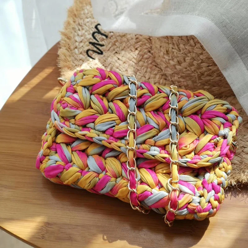 

Colorful Cotton Weave Crossbody Bags For Women Handmade Knitting Women Shoulder Bag Chain Female Hand-woven Bags Women's Bag New