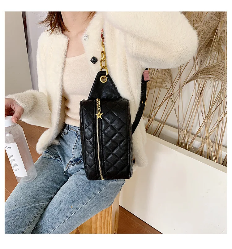JI HAO Brand Design Diamond Lattice Shoulder Bags Female PU Leather Chains Solid Chest Bag For Women Ladies Fashion Waist Bags