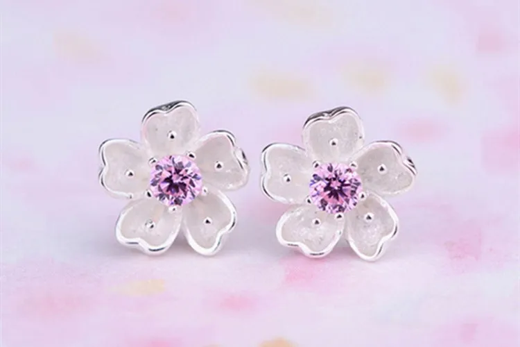 Silver 925 Jewelry Sterling Silver Earrings Cherry Blossom Inlaid Pink Zirconia Ear Studs Simple and Popular Earrings for Women - Image 6