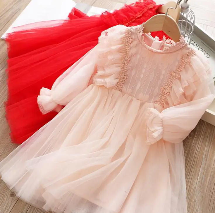 Retail 2020 Spring New Children Baby Lace Ruffles Long Dresses Girls Princess Sweet Pink Red Clothes 3-7T | Детская одежда и обувь