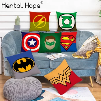 

Super Here Logo Cushion Cover Cartoon Iron Man Print Linen Cotton Pillow Cover Home Decor Living Room Square Pillowcase