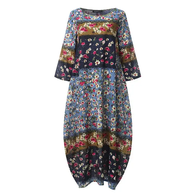 M 5XL ZANZEA, весенние богемные платья с рукавом 3/4, винтажный хлопковый праздничный сарафан, женское длинное платье с цветочным принтом, Женская туника