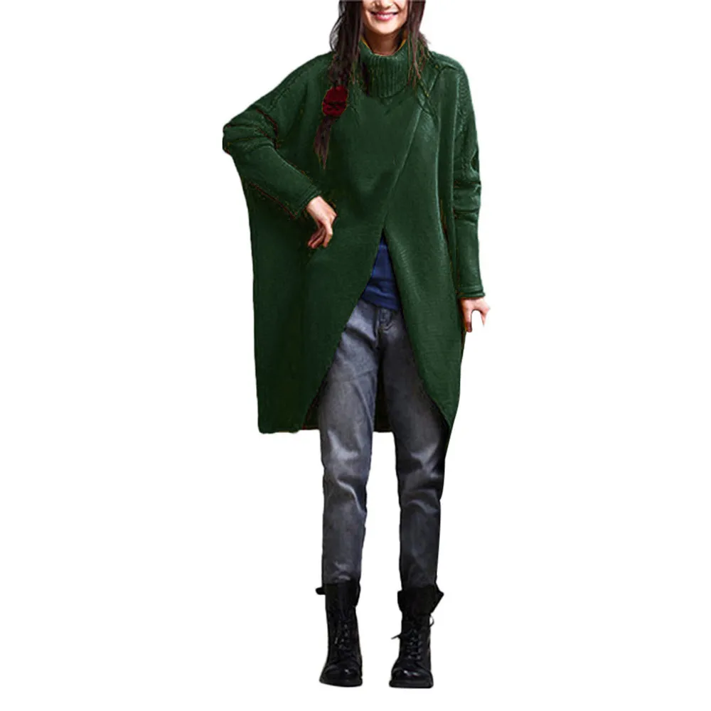Женский свитер с высоким воротом женский модный свитер с асимметричным подолом и длинным рукавом женский джемпер длинный уличная одежда - Цвет: Green