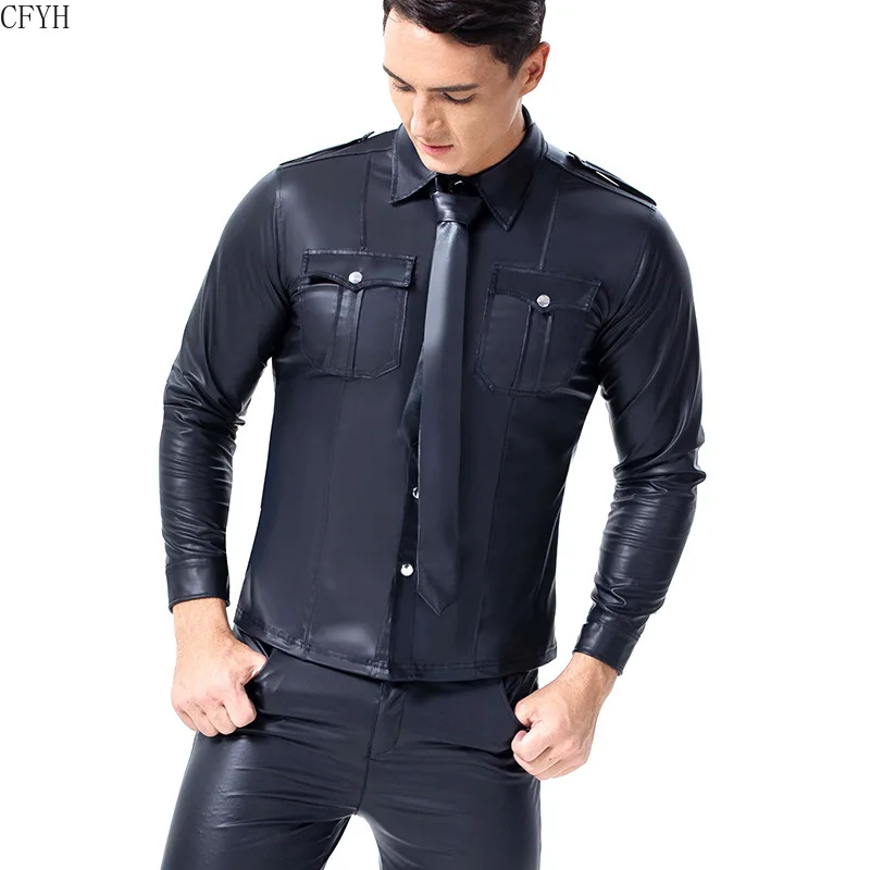 Men Trend Wet Look Patent Leather Shirt 