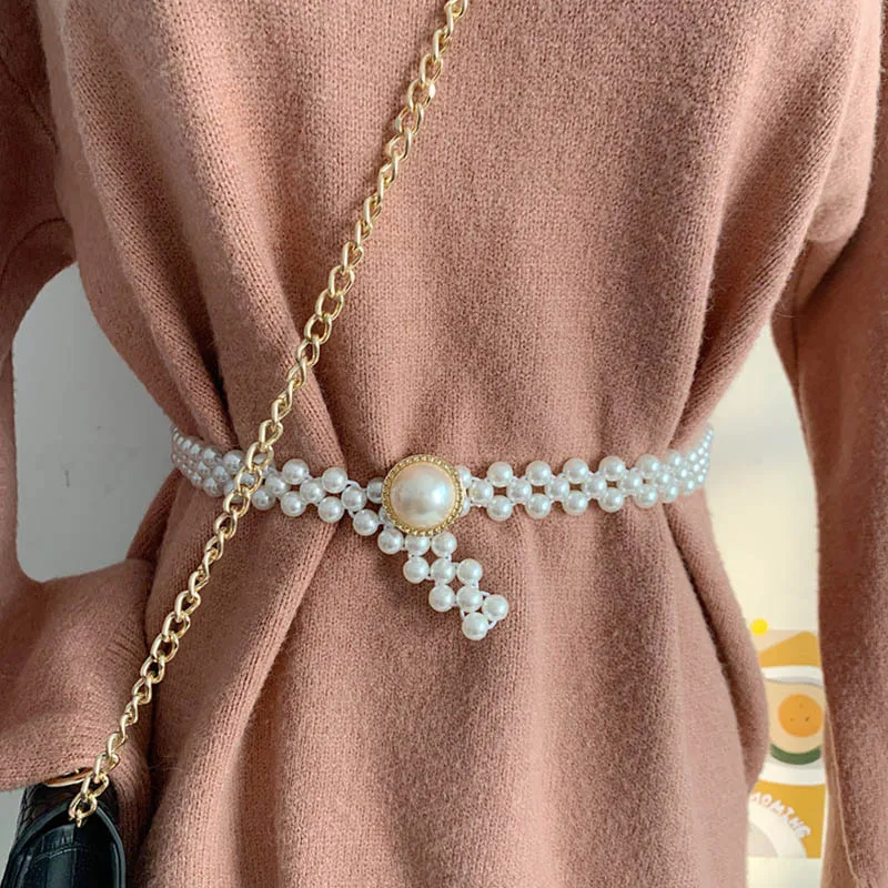 

Fashion Women Rhinestone Pearl Elastic Belts Designer Luxury Brand Waist Chain Dress Coat Sweater Lady Decorative Waistband