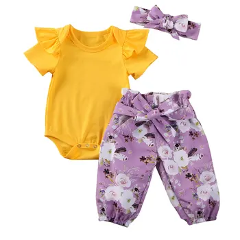

2020 Summer Toddler Infant Baby Girl Clothes Set Suit Short Sleeve Round Neck Bodysuit Floral Pants Headband Clothing 3PCs