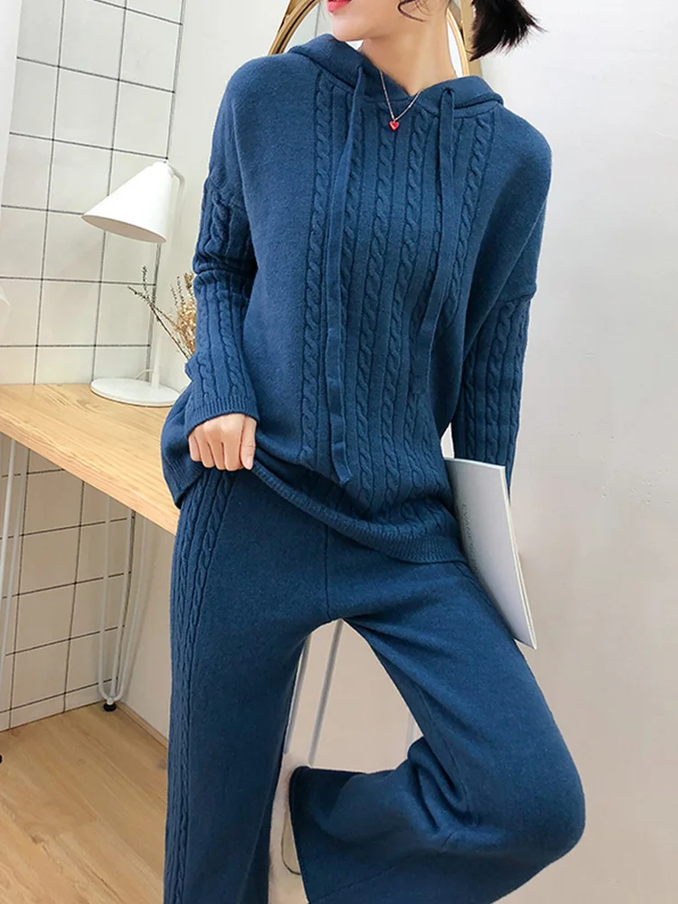 

Elastic Hooded Top Fashion New Waist Knitted Sweater + Wide Leg Pants Two-piece 2019 Autumn And Winter Lazy Wind Knit Set Woman