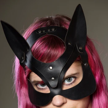 

Erotic Leather Harness Woman Fetish Wear Leather Mask Gothic Bondage Harness Adjustable Halloween Fox Mask Handmade Eyes Masks