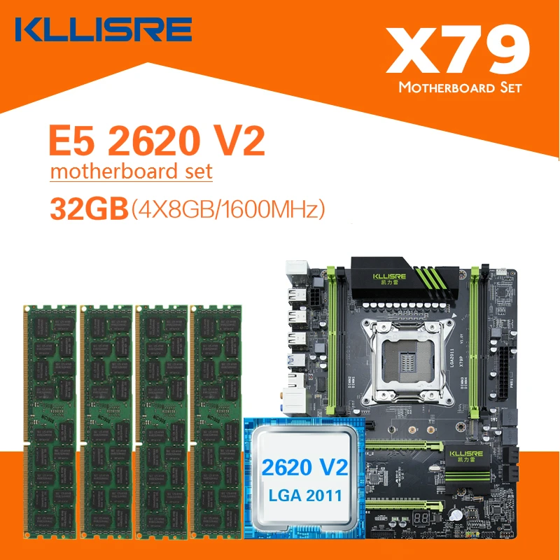 Комплект материнской платы Kllisre X79 с Xeon E5 2620 V2 4x8 ГБ = 32 Гб 1600 МГц DDR3 память ECC Reg ATX USB3.0