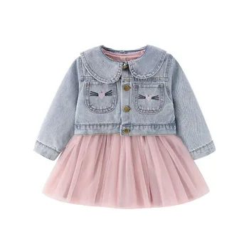 

DFXD High Quality Baby Girl Clothes Set New Spring Princess Girls Cartoon Denim Jacket+Long Sleeve Yarn Dress Birthday Outfit
