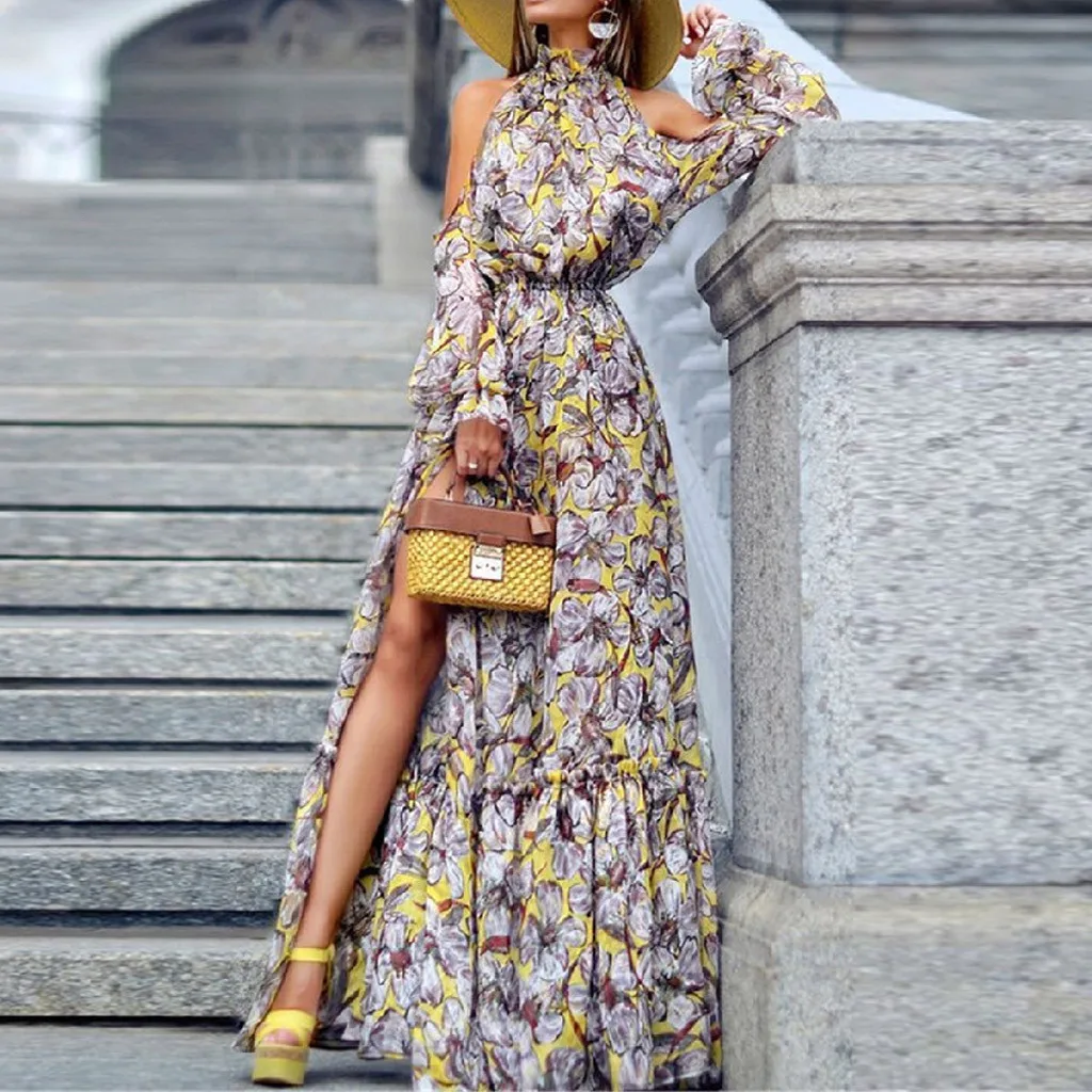 

Boho Maxi Dress Women Halter Off Shoulder Print Split Summer Long Dress Plus Size Loose Dresses Party Womens Clothing#J30