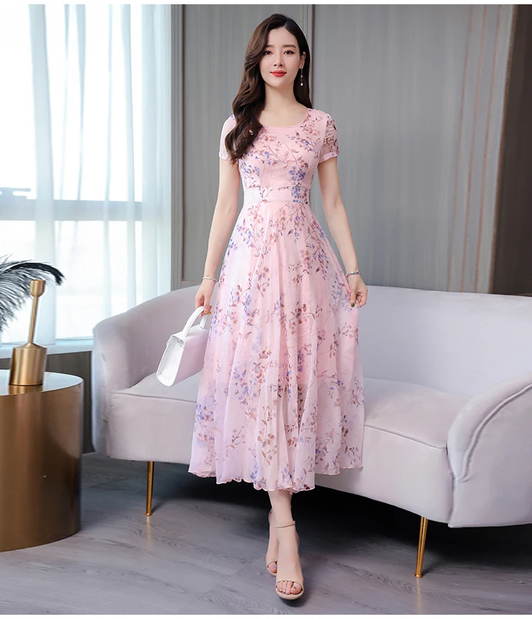 Винтажное Розовое Шифоновое пляжное платье миди с цветочным принтом, летнее платье размера плюс 3XL, женское платье макси в стиле бохо, элегантное облегающее платье