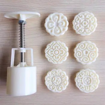 

6pcs 3D Flowers Stamps Moon Cake Decor Mould Barrel Round Mooncake Mold 50g Pastry Mooncakes Hand DIY Tool D5BD