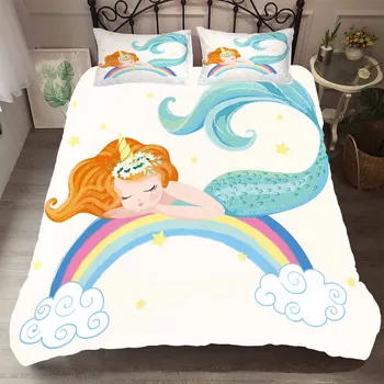 

BEST.WENSD Unicorn Rainbow Mermaid white Double bed duvet cover set princess bed comforter dekbedovertrek 1 persoons twin full
