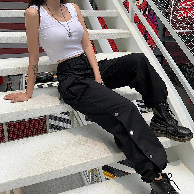 

Motorcycle Style Women's Black Overalls, High Waist, Four-button Split Trousers, High Street Elements Female Straight-leg Pants