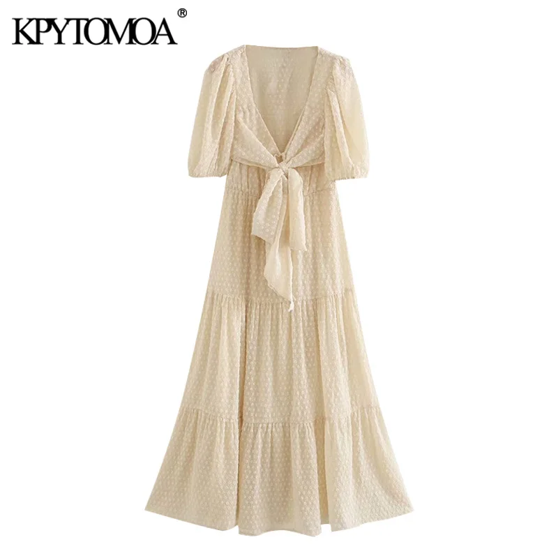 KPYTOMOA Women 2020 Chic Fashion With Bow Tied Polka Dot Midi Dress Vintage V Neck Short Sleeve Female Dresses Vestidos Mujer KPYTOMOA Women 2020 Chic Fashion With Bow Tied Polka Dot Midi Dress Vintage V Neck Short Sleeve Female Dresses Vestidos Mujer