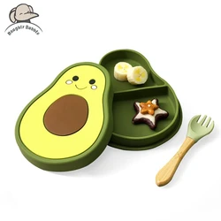 Bol d'alimentation pour bébé sans BPA, fourchette assiette à manger en Silicone sûre avec couvercle dessin animé avocat bol d'alimentation étanche, vaisselle antidérapante 