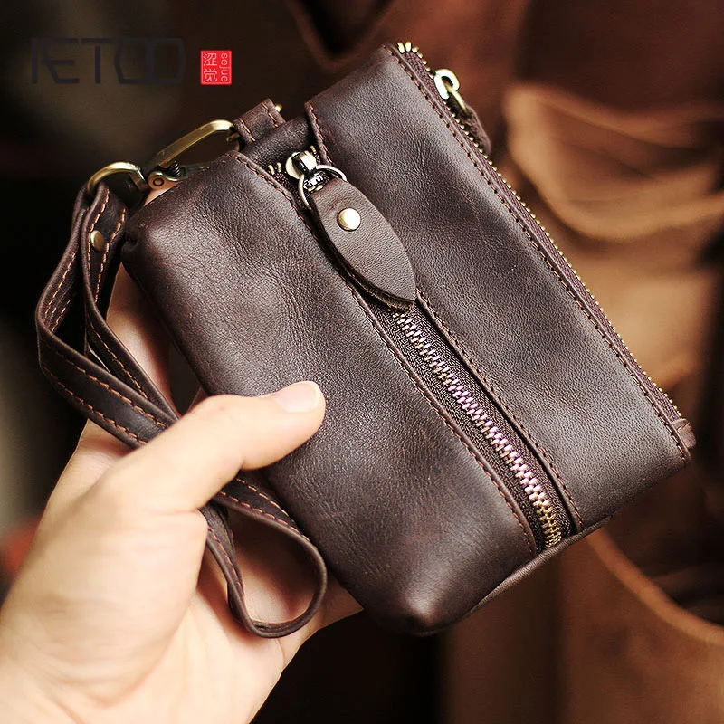 

AETOO Leather car remote control key bag, plant head layer cowhide zero wallet, zippered handy coin bag, mini small wallet