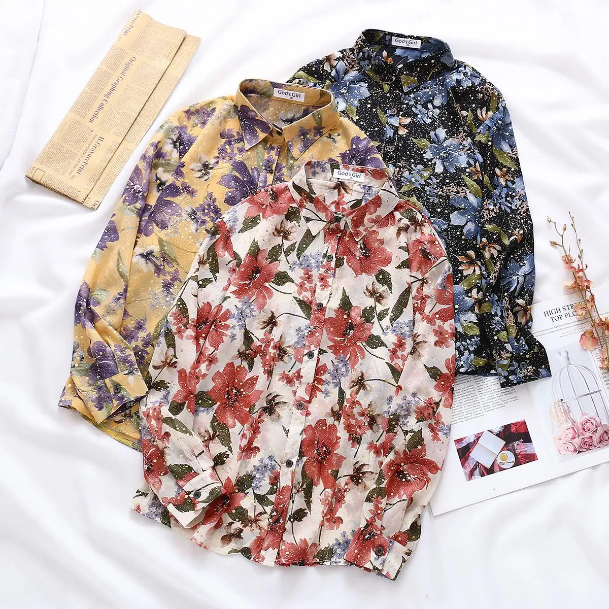 Fashion bronzing floral printing chiffon shirts 3colors hawaii shirts 2020 spring women blouses Female loose Blusas Mujer