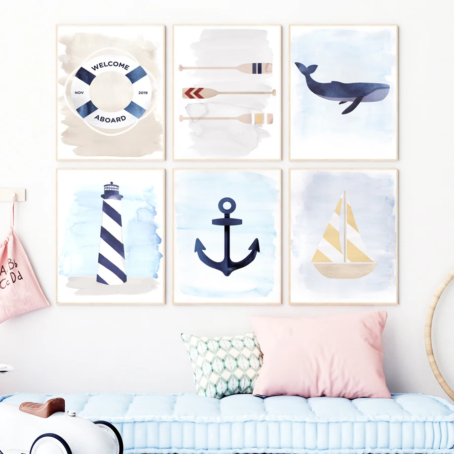 

Nautical Sea Ship Whale Lighthouse Anchor Nursery Wall Art Canvas Painting Nordic Poster And Prints Wall Picture Kids Room Decor