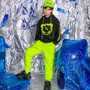 

Children Hip Hop Dance Costumes Fluorescent Green Panda Print Top Kids Modern Stage Outfit Boys Jazz Performance Wear DN5006